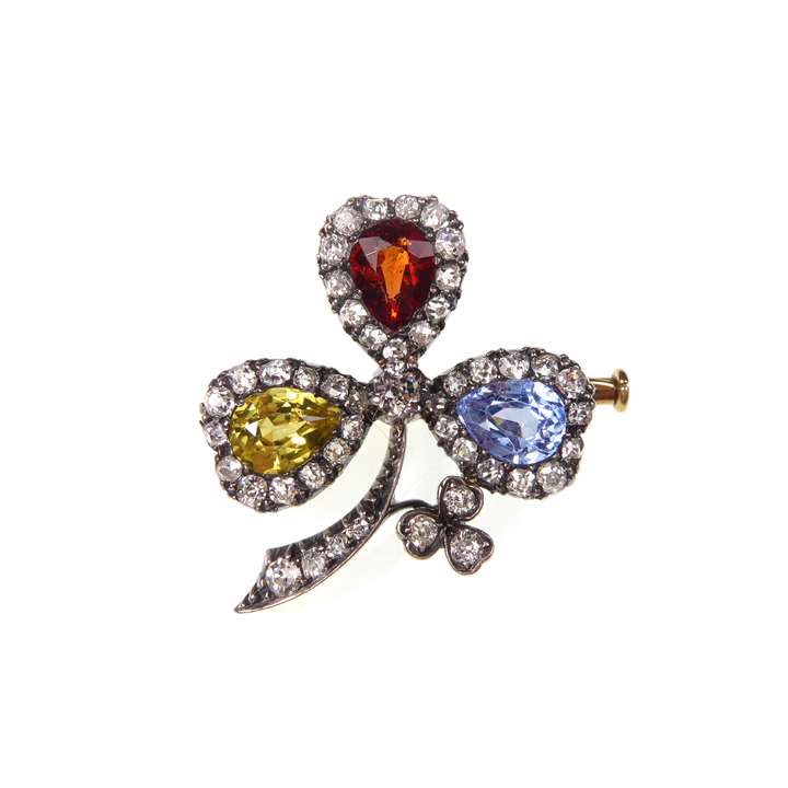 Antique diamond and coloured gem set clover brooch